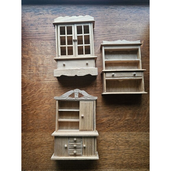 Dollouse Miniature Furniture Lot of 3 Unfinished Wood Assorted Cabinets & Shelfs - Picture 1 of 12